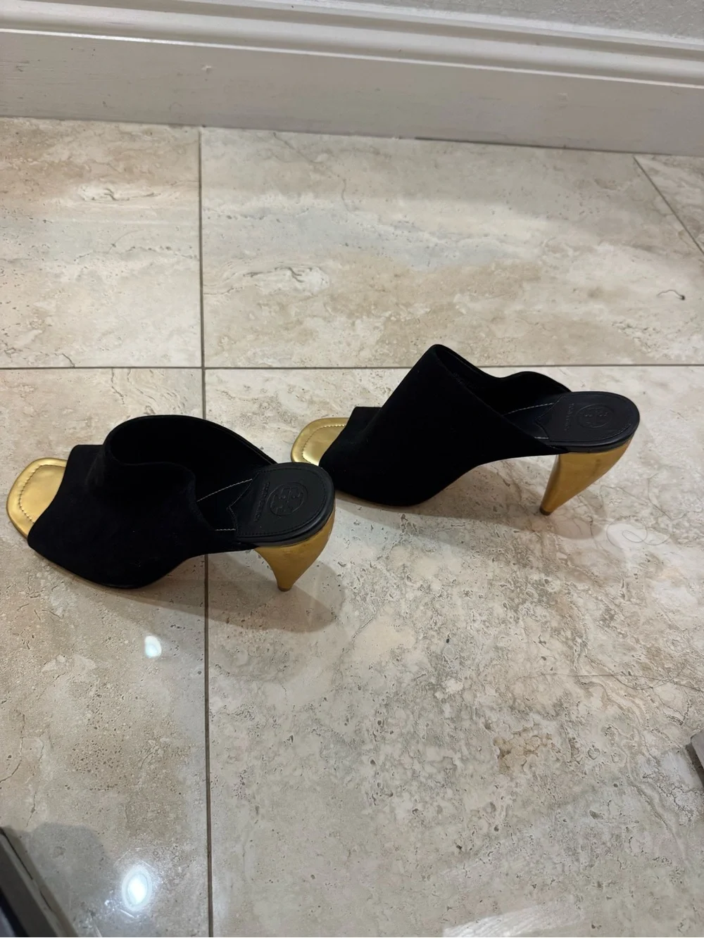 Tory Burch Black Suede Mules with Gold Heel